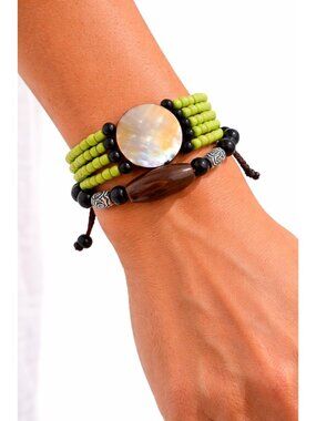 Handmade Multi-Strand Beaded Bracelet With Shell Accent & Wood Beads